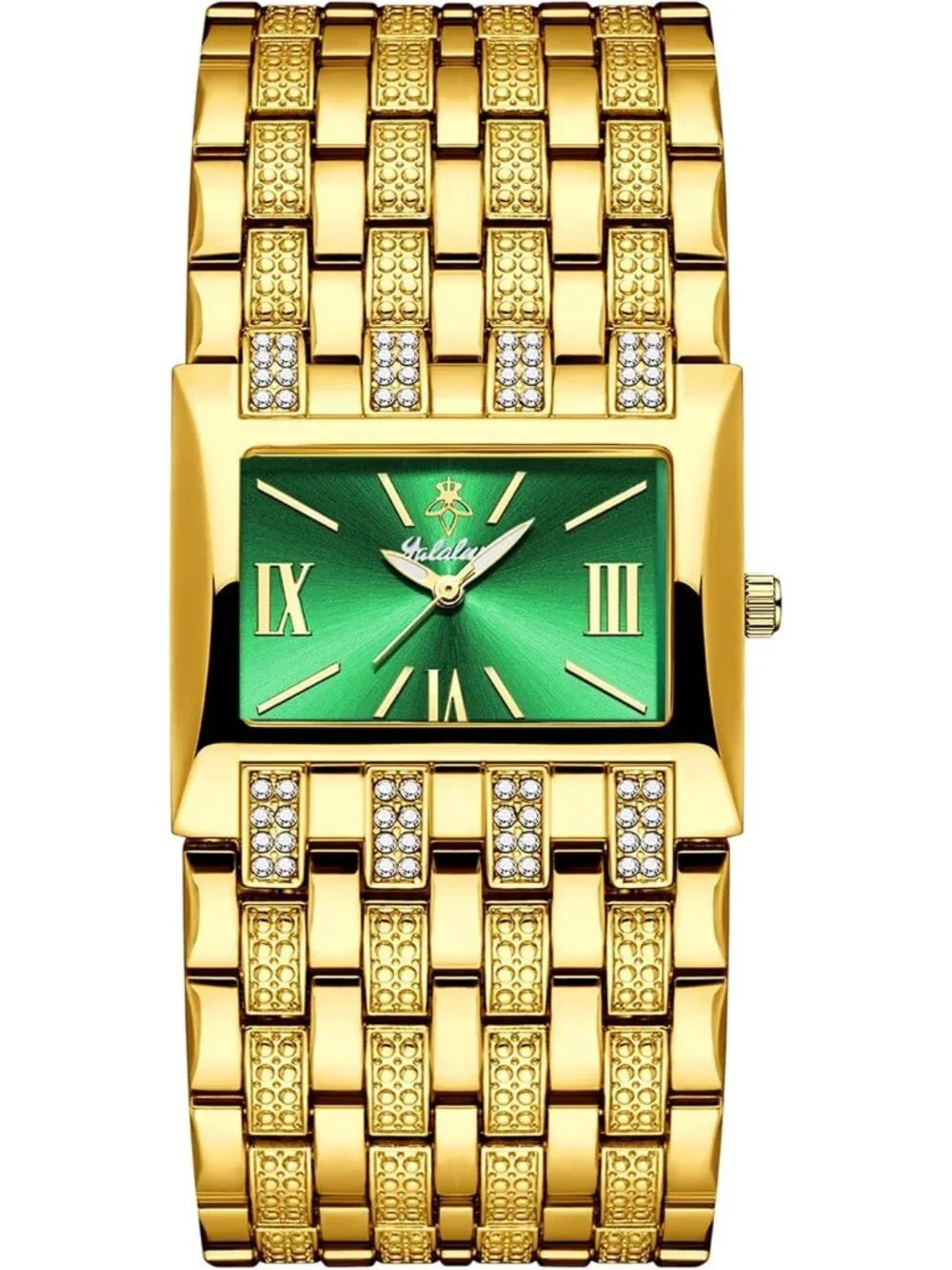 Women's Gold Green Rectangular Crystal Bangle Stainless Steel Quartz Wrist Watch